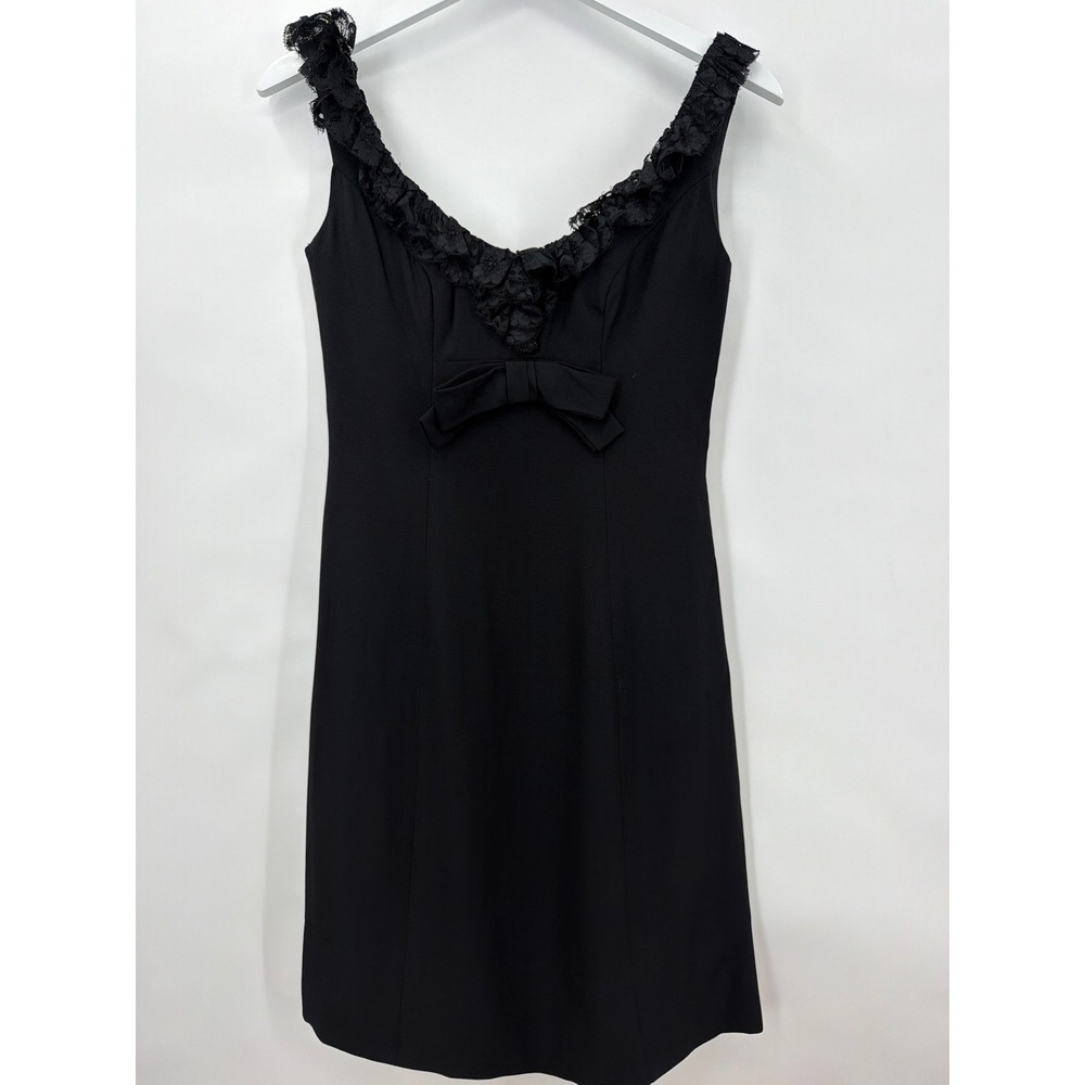 Vintage 60s Black Lace Trim Bow Shift Dress Cocktail Mid Century Modern 10